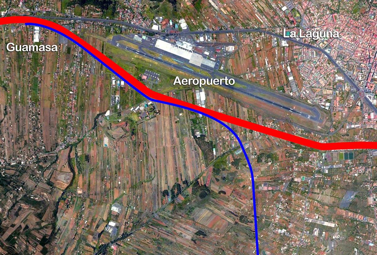 Plano del trazado de la futura Vía de Circunvalación, que discurrirá desde Guamasa hasta Guajara,        por encima del Aeropuerto de Los Rodeos. DA