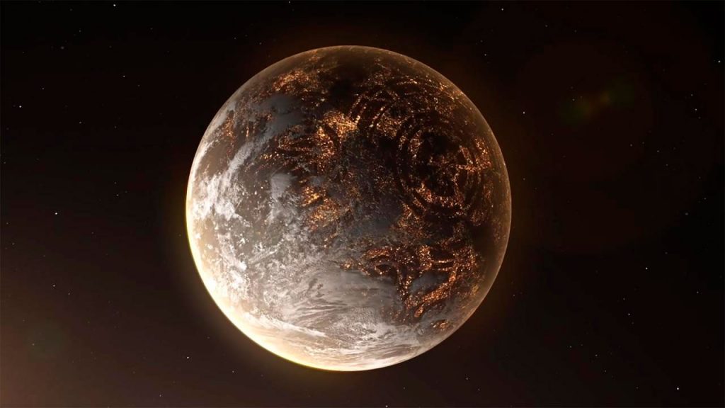 Recreación artística de un hipotético exoplaneta con luces artificiales en el lado nocturno