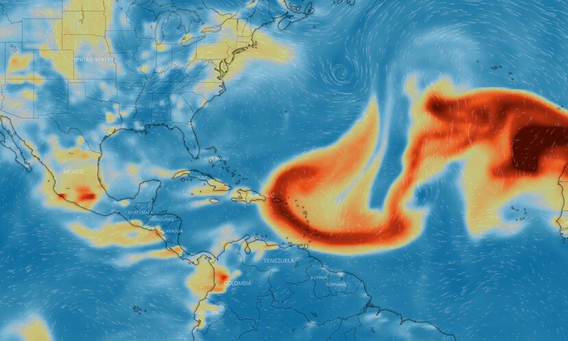 El portal Windy.com muestra la nube de SO2 del volcán de La Palma sobre Puerto Rico. (Captura)
