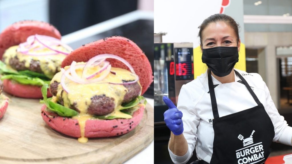 A la izquierda, la mejor hamburguesa 'gourmet' de España elaborada por la chef Vanessa San José (derecha). Salón Gourmets