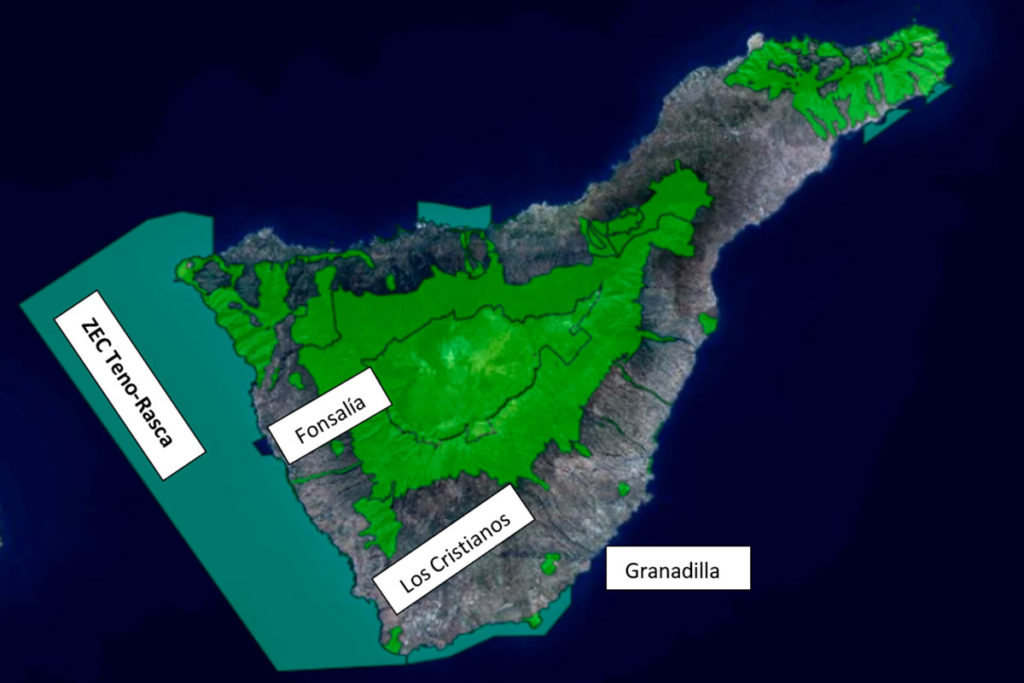 Zona de Especial Conservación (ZEC) Teno-Rasca y ubicación de los puertos de Fonsalía, Los Cristianos y Granadilla.