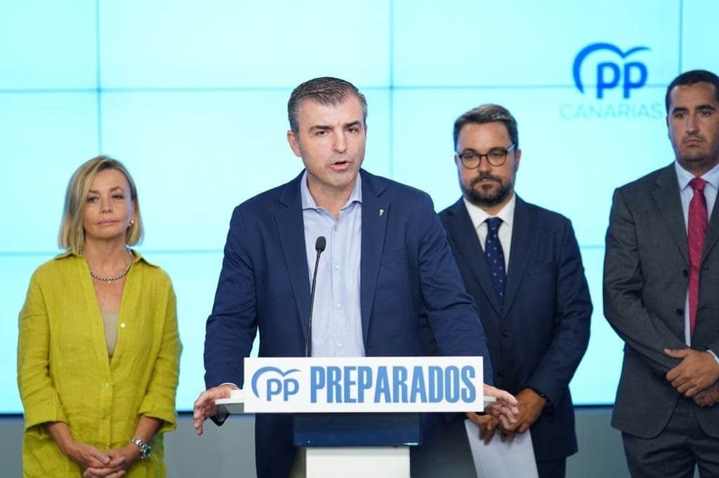 El presidente del PP de Canarias, Manuel Domínguez, ayer, en rueda de prensa desde Madrid.