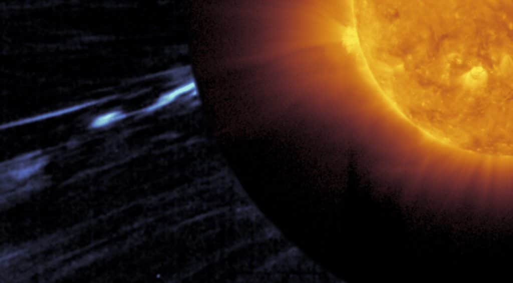 La nave Solar Orbiter ha captado por primera vez en la corona solar un fenómeno magnético conocido como switchback o ‘latigazo’ solar (en la imagen, aparece en blanco y azul hacia la izquierda).