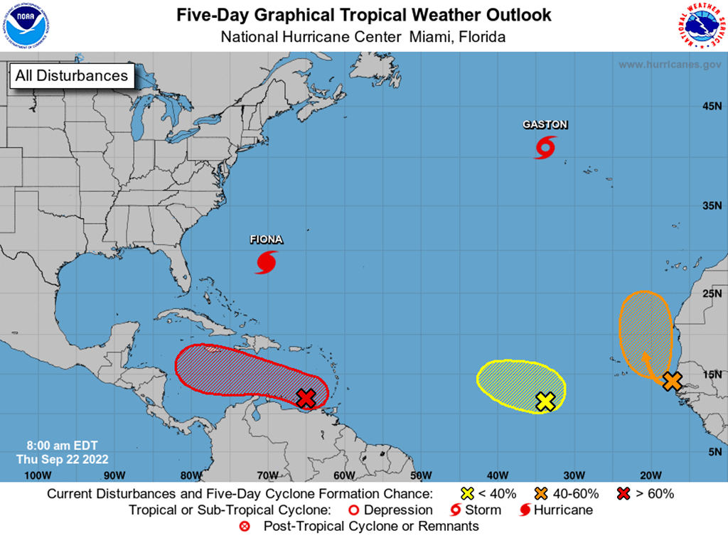 Pronóstico a cinco días vista del huracán, la tormenta y las tres ondas tropicales, ayer, en el Atlántico.