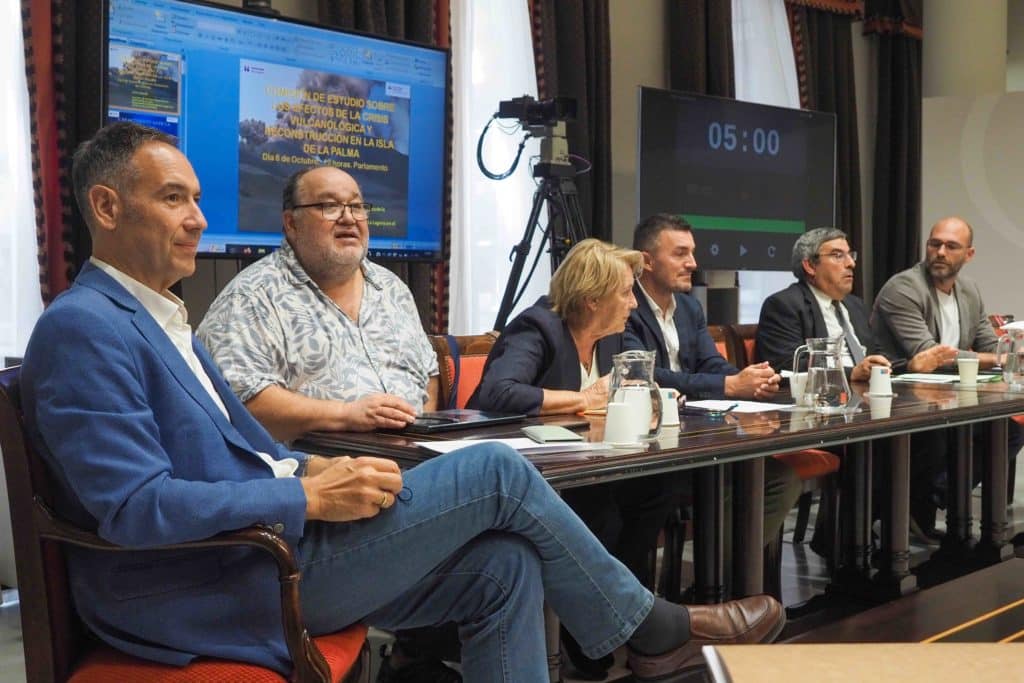 Representantes de las dos universidades canarias e Involcan, ayer, en la comisión parlamentaria sobre la reconstrucción de La Palma | SERGIO MÉNDEZ