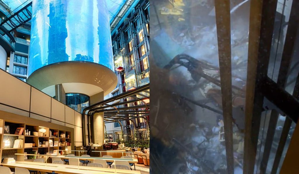 Revienta el mayor acuario cilíndrico del mundo: 900.000 litros de agua inundan un hotel
