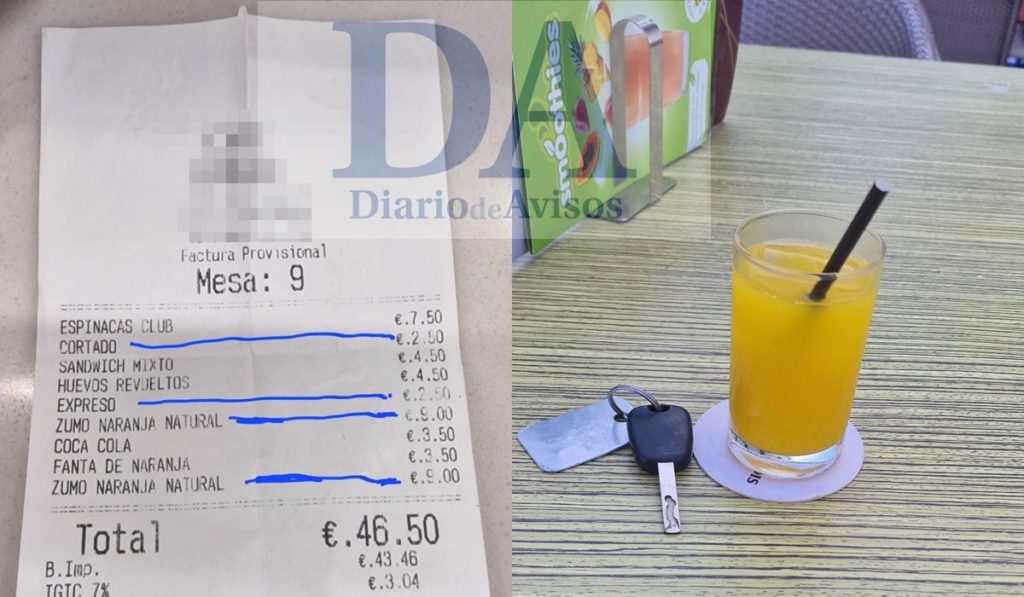 Nueva clavada en un bar del sur de Tenerife: 9 euros por un jugo de naranja pequeño
