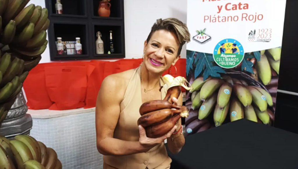 Lis Peña, gestora e impulsora del Producto Gastronómico de Canarias, presentando en Madrid el plátano rojo. N. A.
