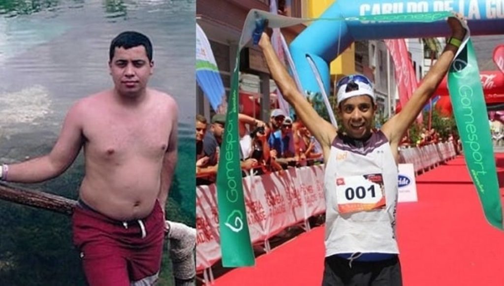 Cristofer Clemente, cuando pesaba 96 kilos (izquierda), y, en la actualidad, con 40 menos, es uno de los mejores ‘runners’ del mundo.