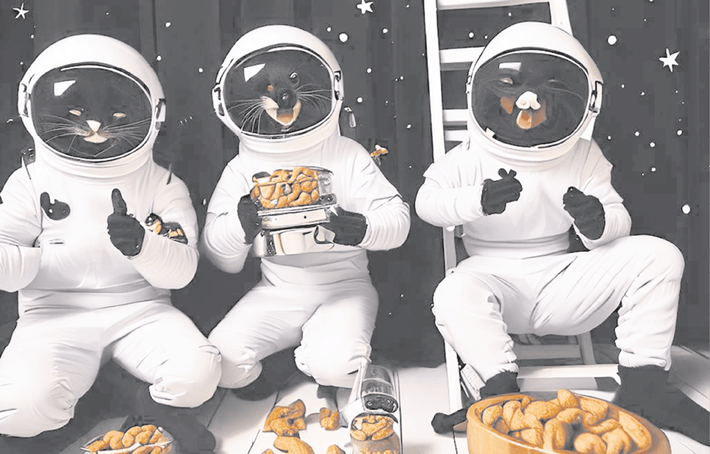 Imagen de IA de gatos astronautas comiendo cacahuetes, siguiendo el ritual que se estableció entre los ingenieros y científicos de la NASA tras el Apolo 13. DA