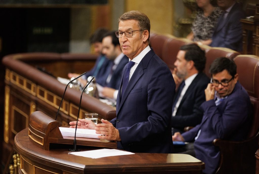 El líder del PP y candidato a la Presidencia del Gobierno, Alberto Núñez Feijóo, interviene durante la primera sesión del debate de investidura. EP