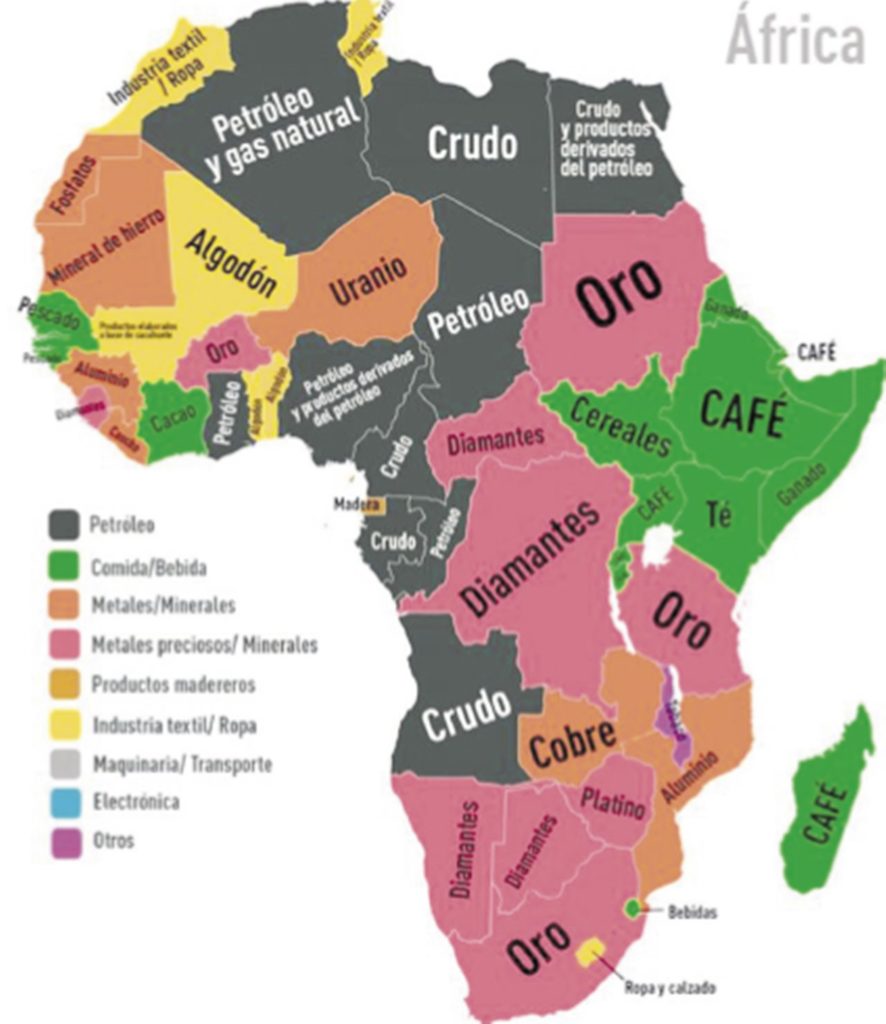 Mapa de África con las materias primas que explotan las potencias, imagen que usa Gari como resumen. 