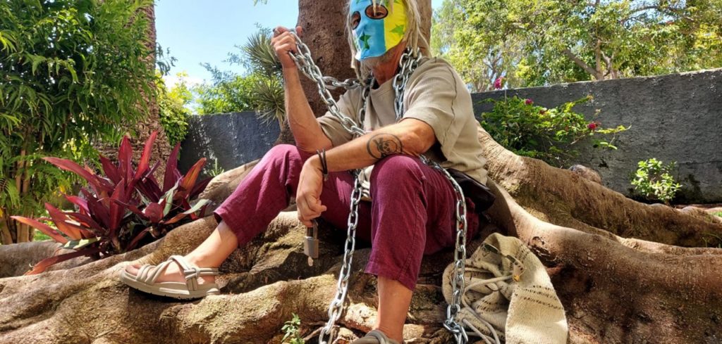 El vecino del jardín de La Salud, encadenado al flamboyán. DA