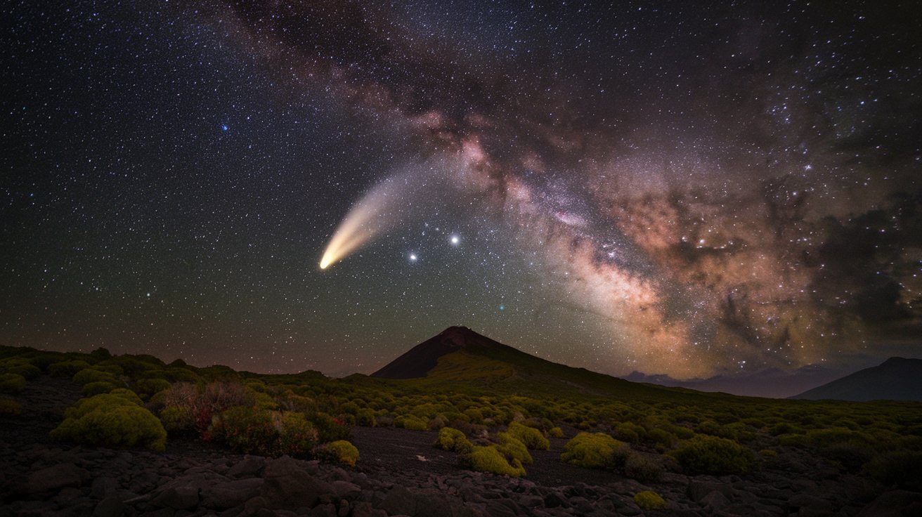 El impresionante paso de un cometa sobre el cielo de Canarias en una imagen generada con IA. DA