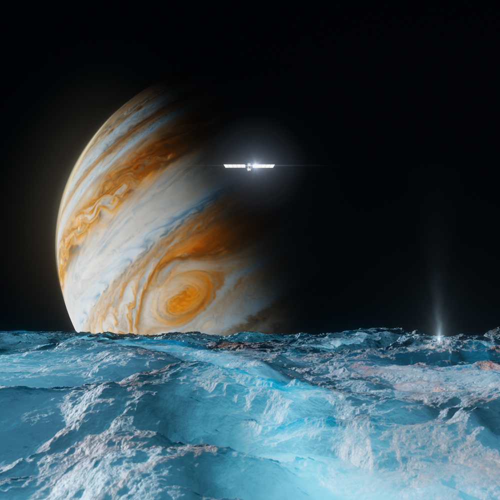 Recreación artística de un sobrevuelo de la sonda vista desde la superficie helada de Europa, con Júpiter al fondo. NASA
