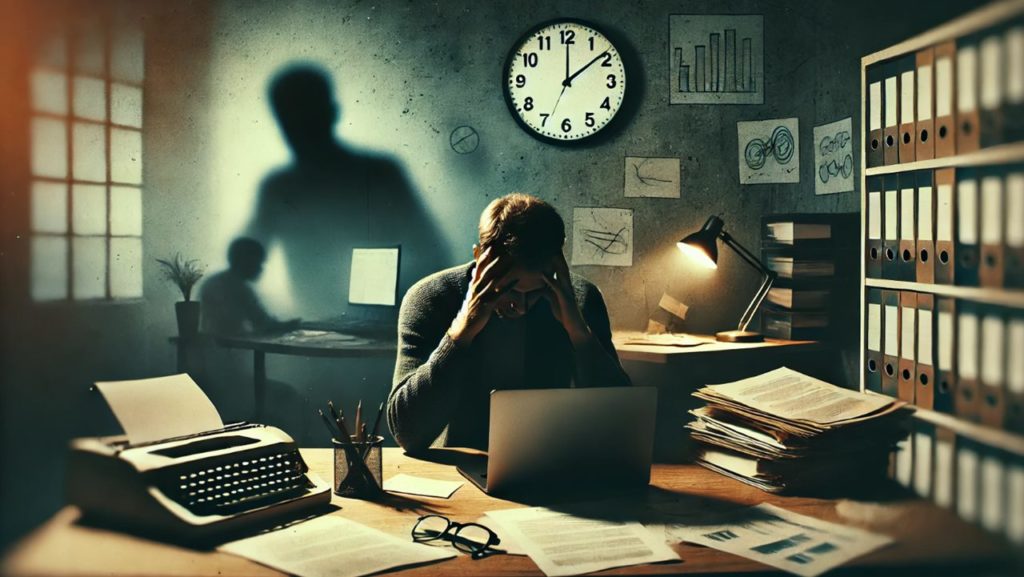 Ambiente de oficina donde el estrés laboral crónico toma forma, simbolizando la carga mental y emocional que puede conducir a ansiedad y depresión. | DA