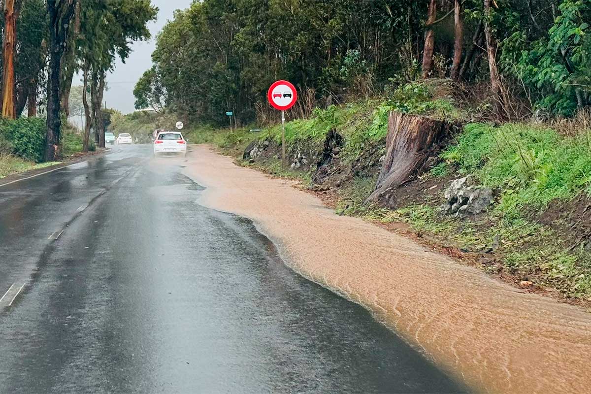 La falta de drenaje en la TF-24 aumenta el riesgo de acumulación de agua en la carretera