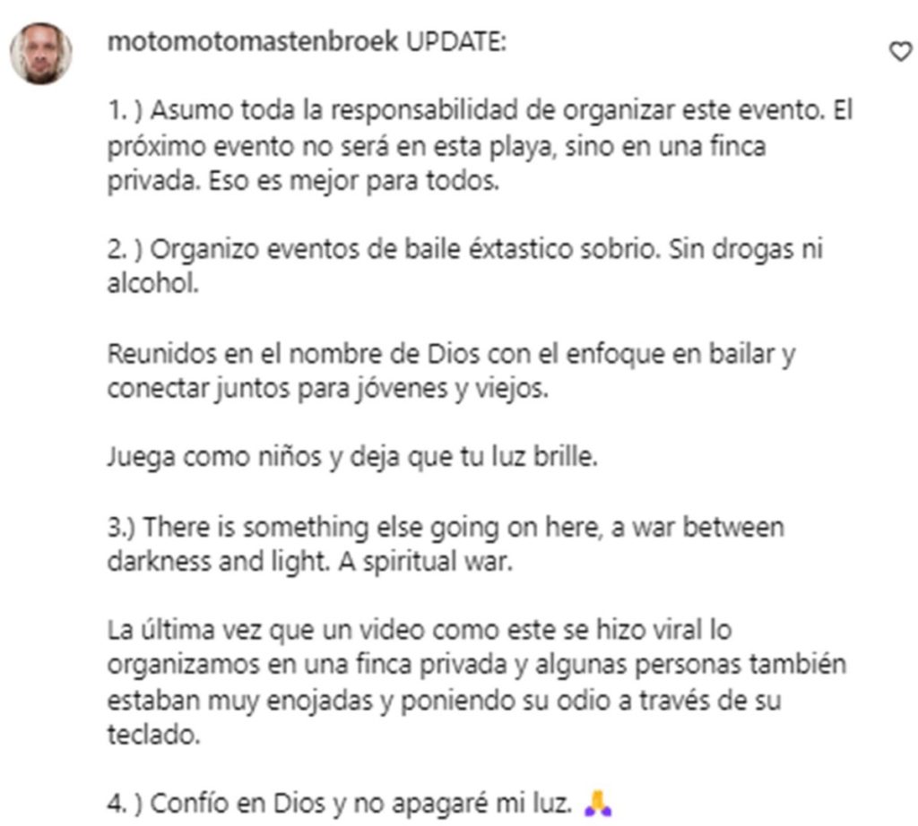 Respuesta en Instagram del DJ Moto Moto. motomotomastenbroek