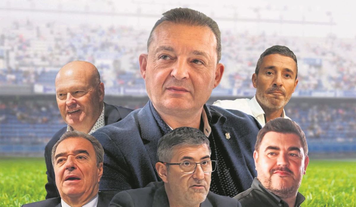 José Miguel Garrido, en el centro de la imagen, los técnicos Pepe Mel y Óscar Cano (parte superior) y Santiago Pozas, Mauro Pérez y Juan Guerrero. DA