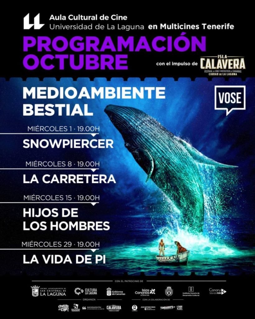 Programa del ciclo Medioambiente Bestial, del Aula de Cine de la ULL, con el apoyo del Festival Isla Calavera.