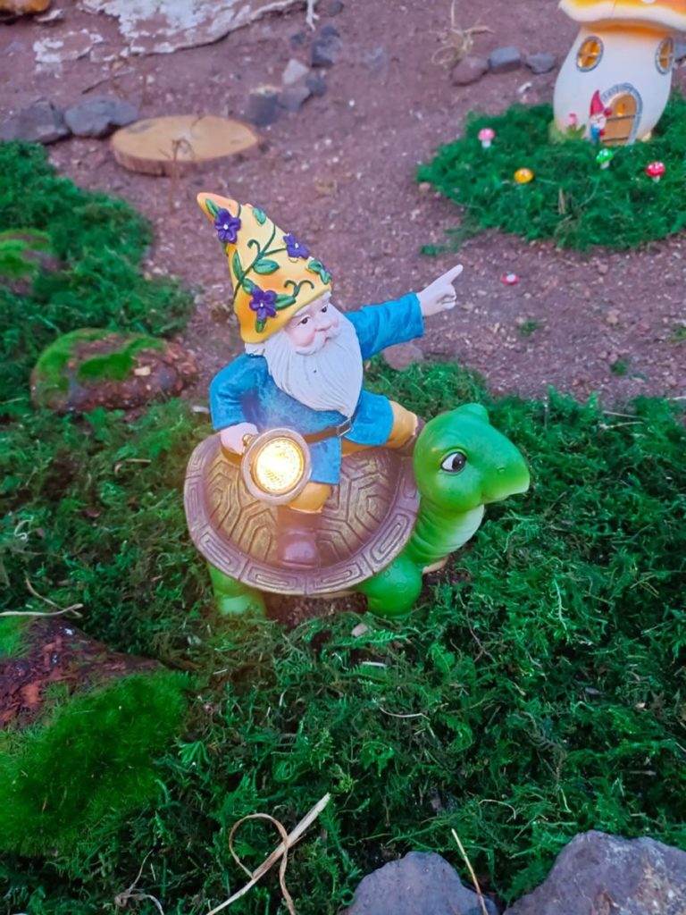 Gnomos y casitas con luz del espacio recreado. 
