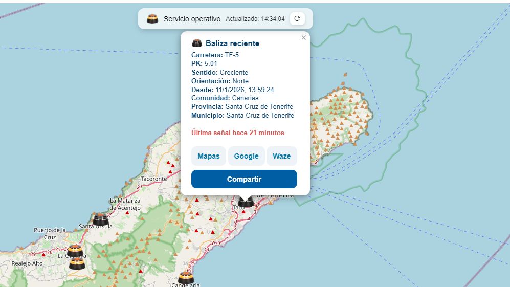 Así funciona el mapa que muestra en tiempo real dónde se activan las balizas V16