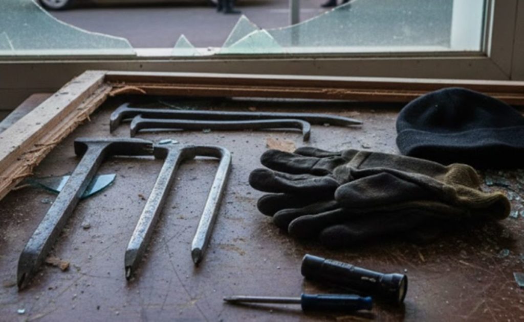 Herramientas empleadas en un robo y cristales rotos en una vivienda. IA