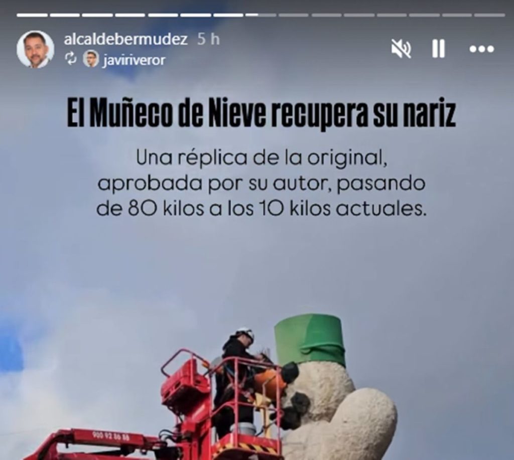 Historia en Instagram de José Manuel Bermúdez sobre la reposición de la nariz del Muñeco de Nieve de Tenerife. | Instagram
