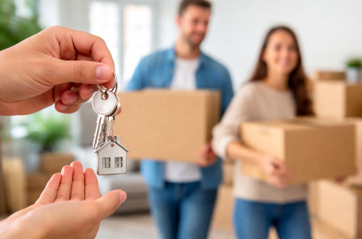 Persona entregando llaves o cajas de cartón simbolizando un cambio de residencia habitual en España