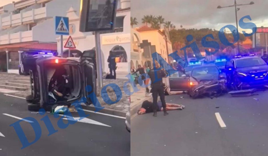 Caos en Costa Adeje por una persecución: coches destrozados, vuelcos y detenidos