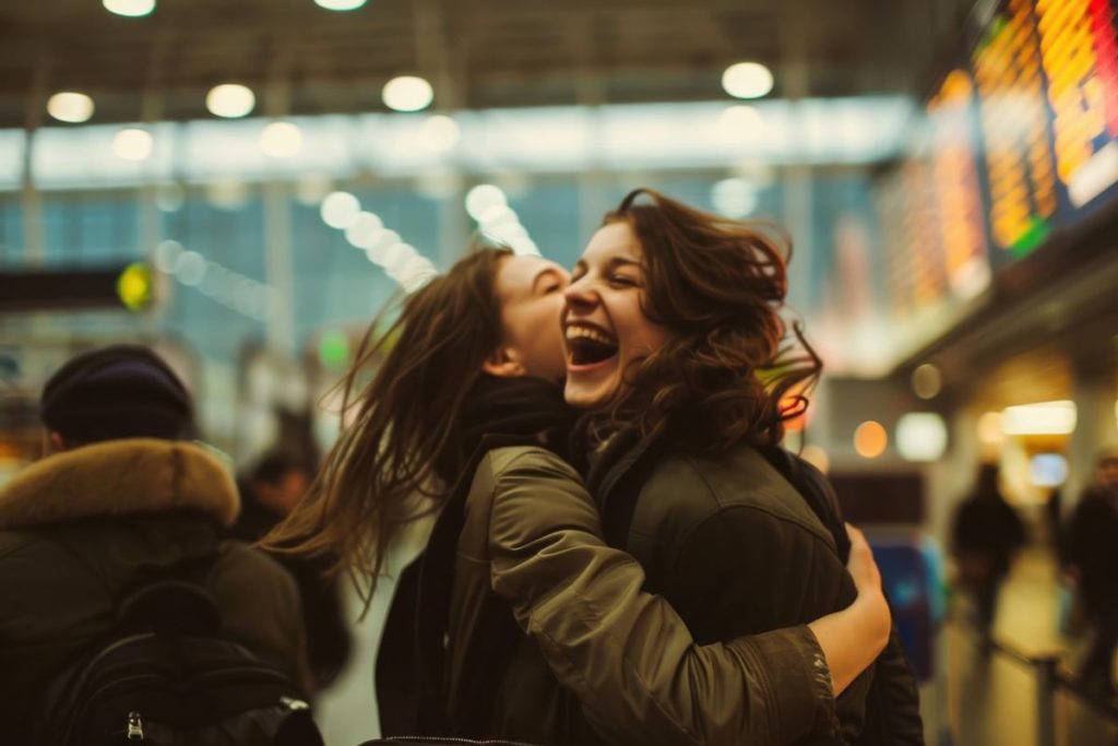 Dos mujeres se abrazan emocionadas en un aeropuerto tras su regreso a Canarias, ilustrando la ayuda de 1.500 euros para retornados