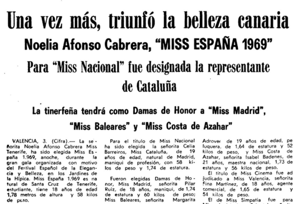 Noticia de DIARIO DE AVISOS sobre el triunfo de la tinerfeña Noelia en Miss España 1969. | DA