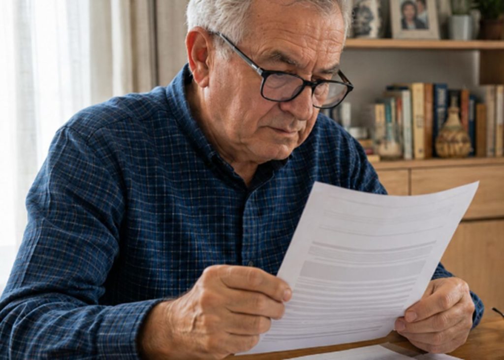 Persona mayor revisando documentos sobre la jubilación en una mesa, con un portátil y un móvil al lado.
