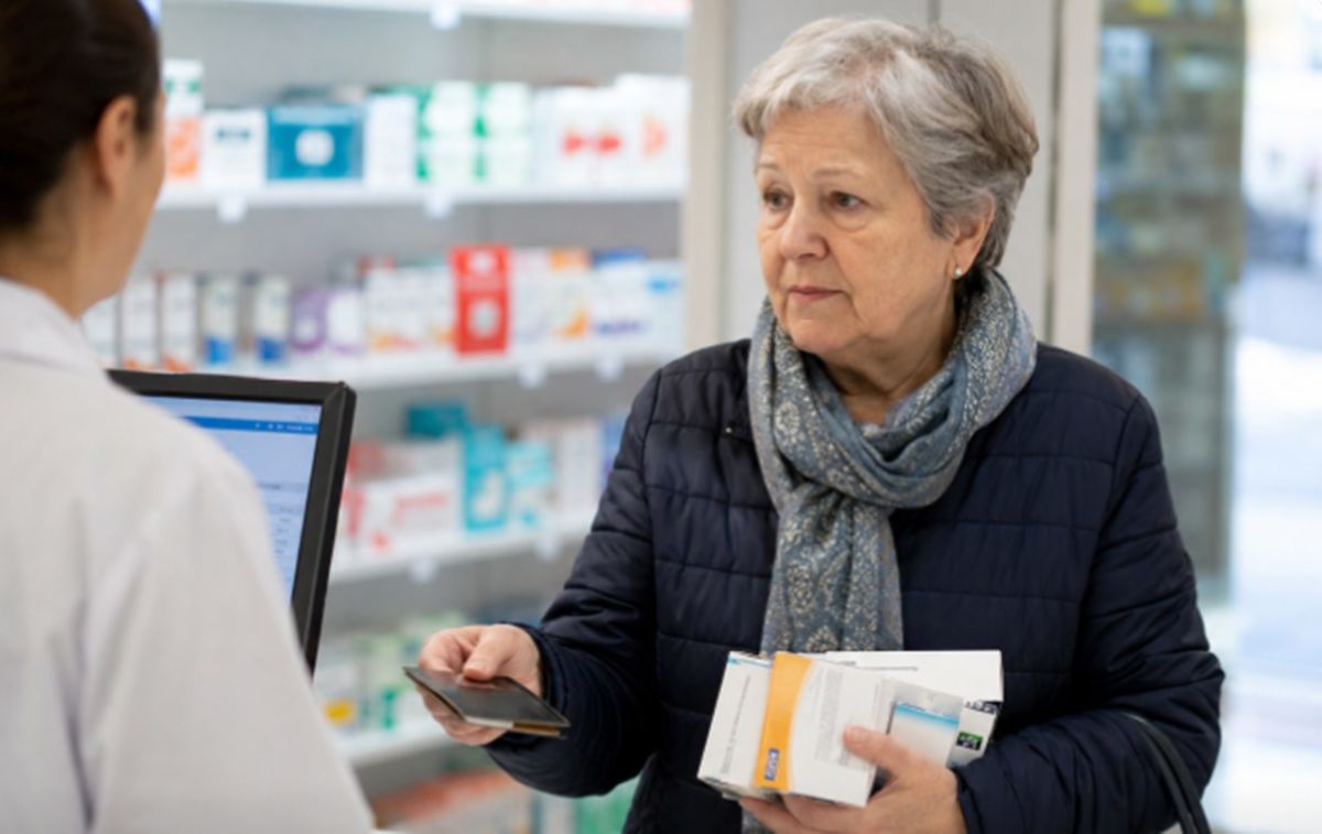 Mujer en una farmacia con varias cajas de medicamentos y una cartera en la mano
