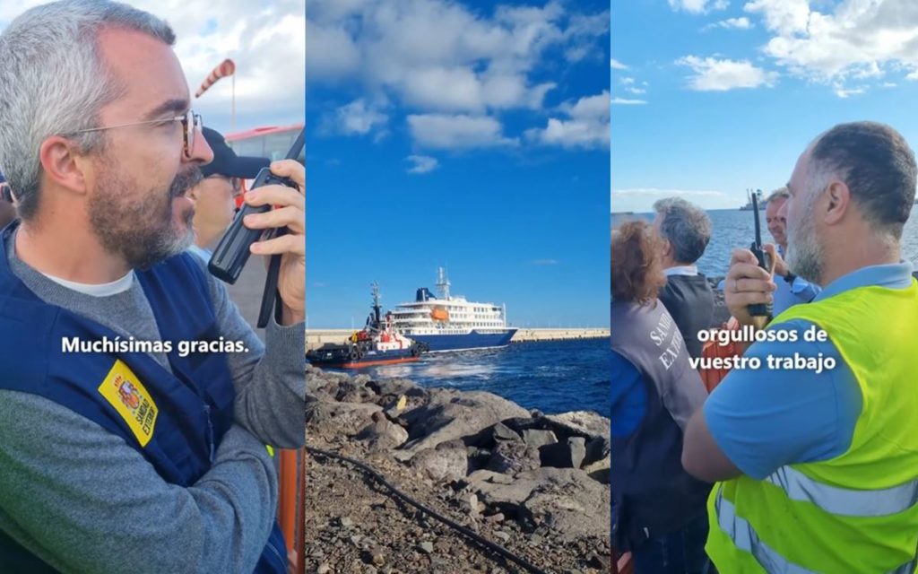 La emotiva salida del MV Hondius de Granadilla: "Estamos muy orgullosos de su trabajo; suerte"