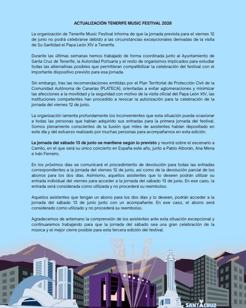 El Tenerife Music Festival confirma la suspensión del viernes por la visita del papa y aclara qué pasará con las entradas
