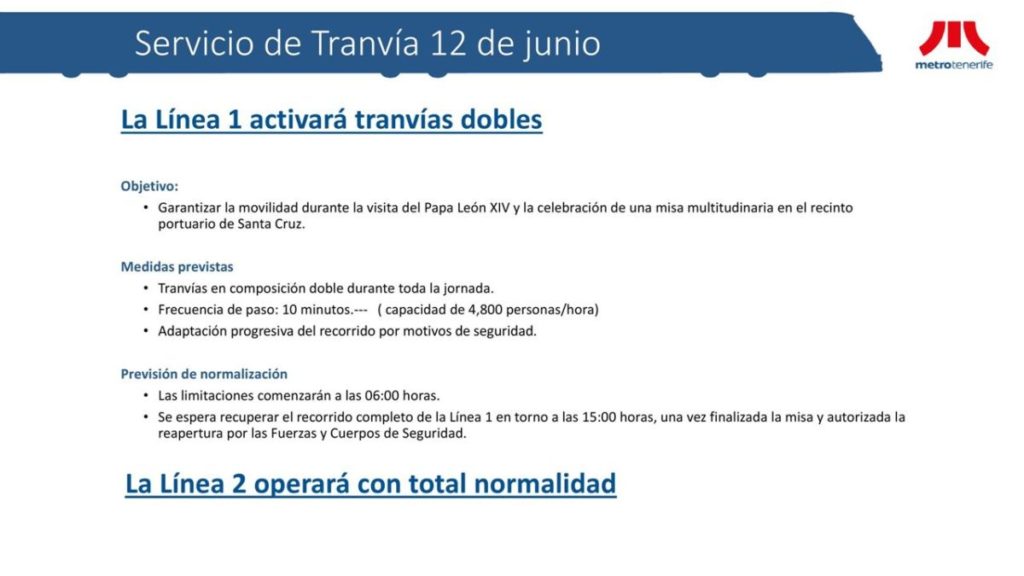 Servicio del Tranvía de Tenerife para el 12 de junio por la visita del papa. | DA