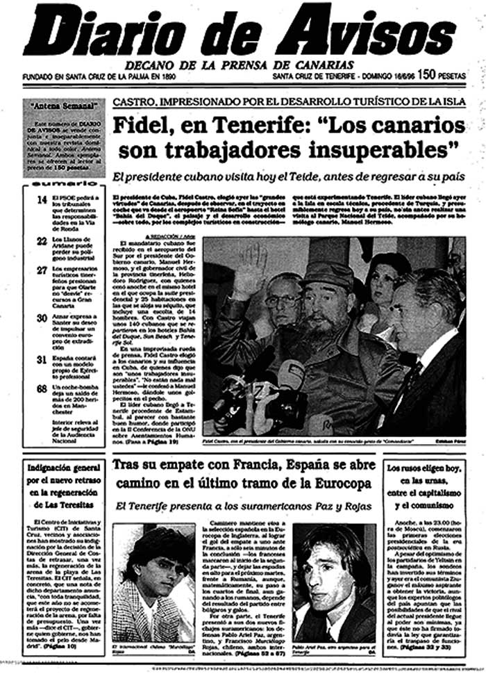 Portada Diario de Avisos Fidel Castro en Tenerife