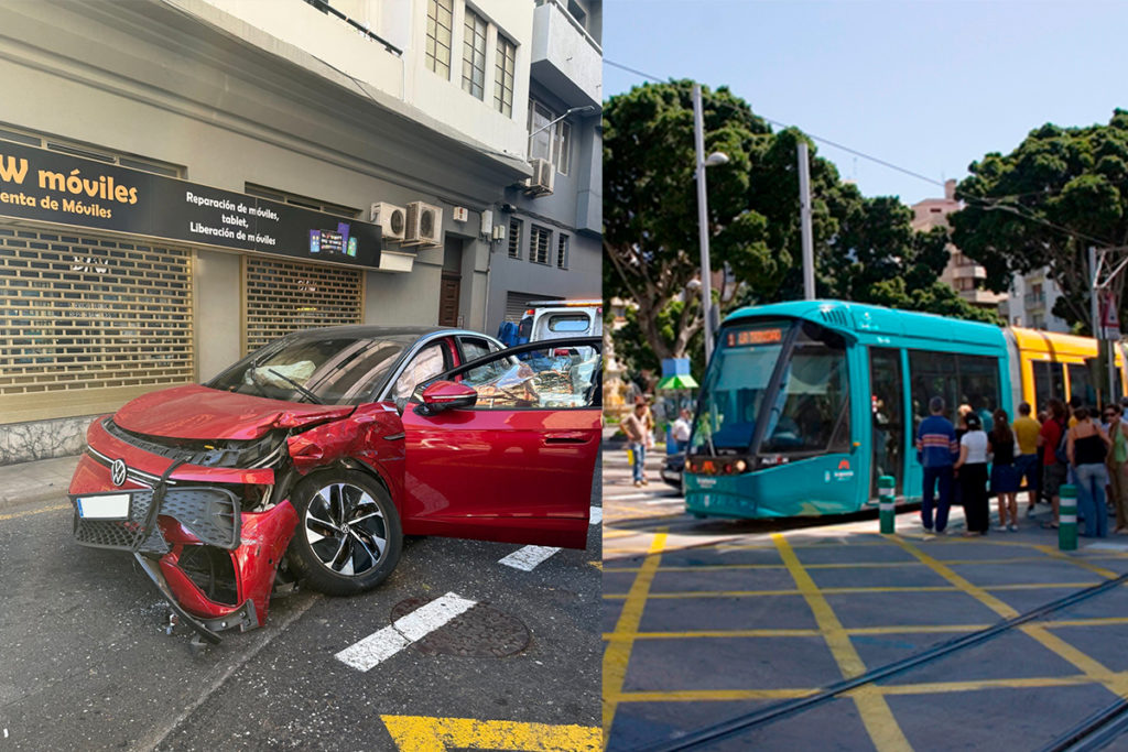 Un coche choca contra el tranvía en Santa Cruz: una mujer y una menor heridas