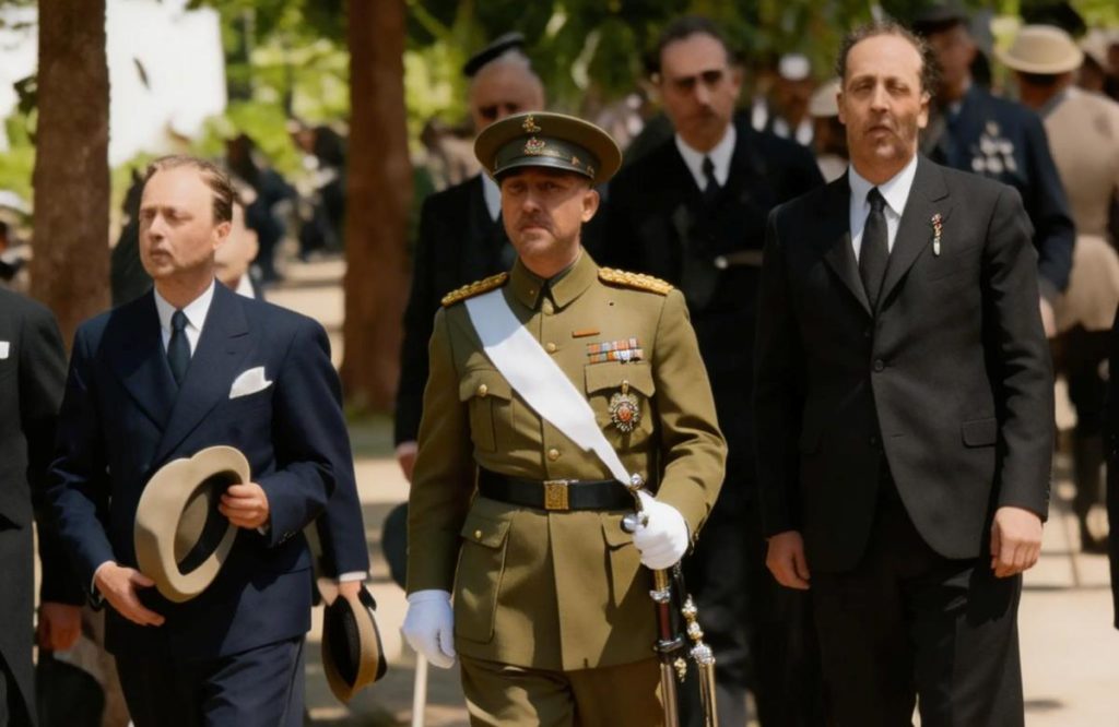 Franco escoltado por Vázquez Moro y Schwartz, en el último aniversario de la proclamación de la República