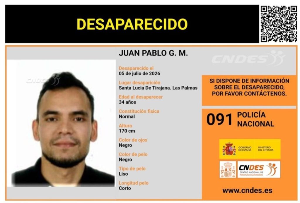 La Policía Nacional pide ayuda urgente para localizar a Juan Pablo, desaparecido en Canarias