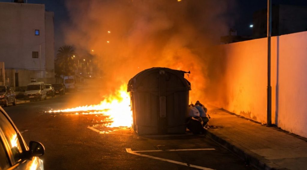 Uno de los contenedores arde durante la noche en El Sobradillo, donde los vecinos denuncian que estos episodios se repiten con frecuencia. | DA