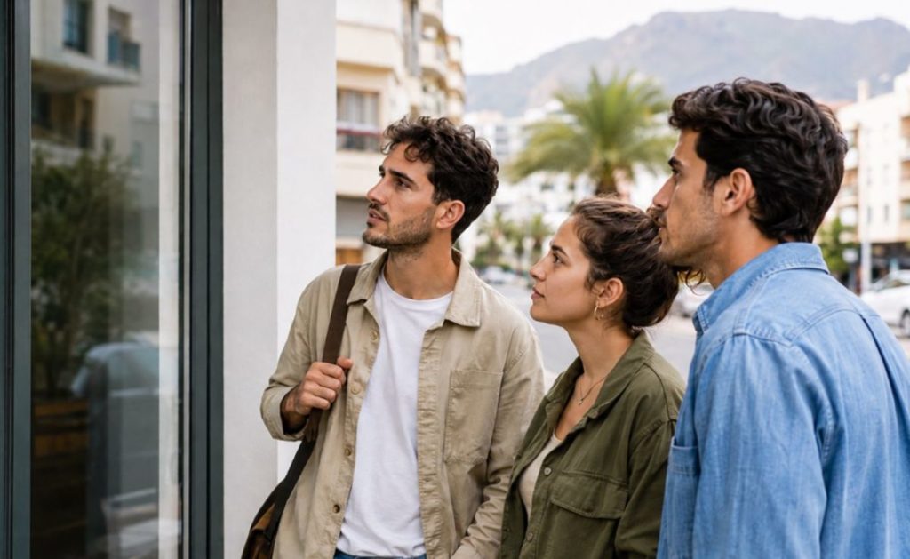 Tres jóvenes observan el escaparate de un inmueble en una imagen ilustrativa sobre la búsqueda de vivienda en alquiler | DA