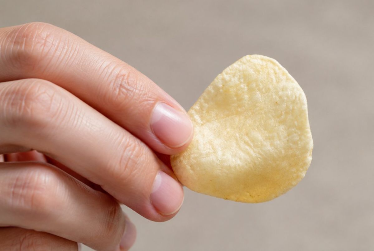 Una mano sostiene una papa de Munchitos, cuya variedad Cheese & Onion vuelve a comercializarse en Canarias durante un periodo limitado