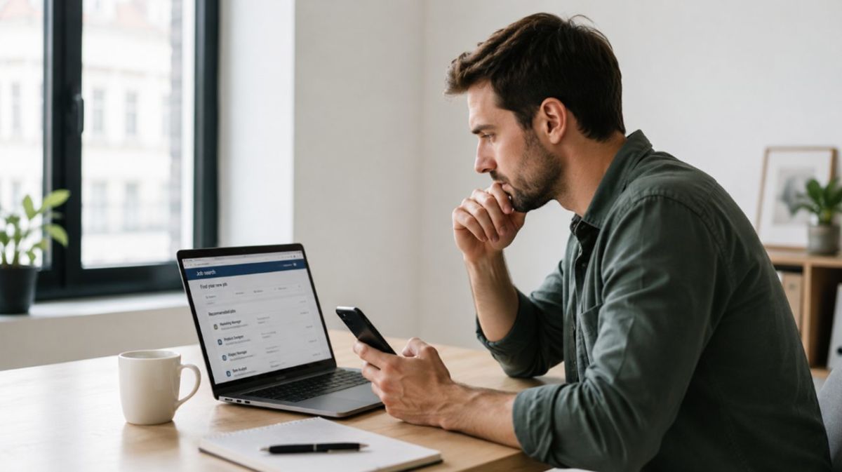 Una persona en una mesa con portátil y móvil consultando ofertas de empleo. | DA