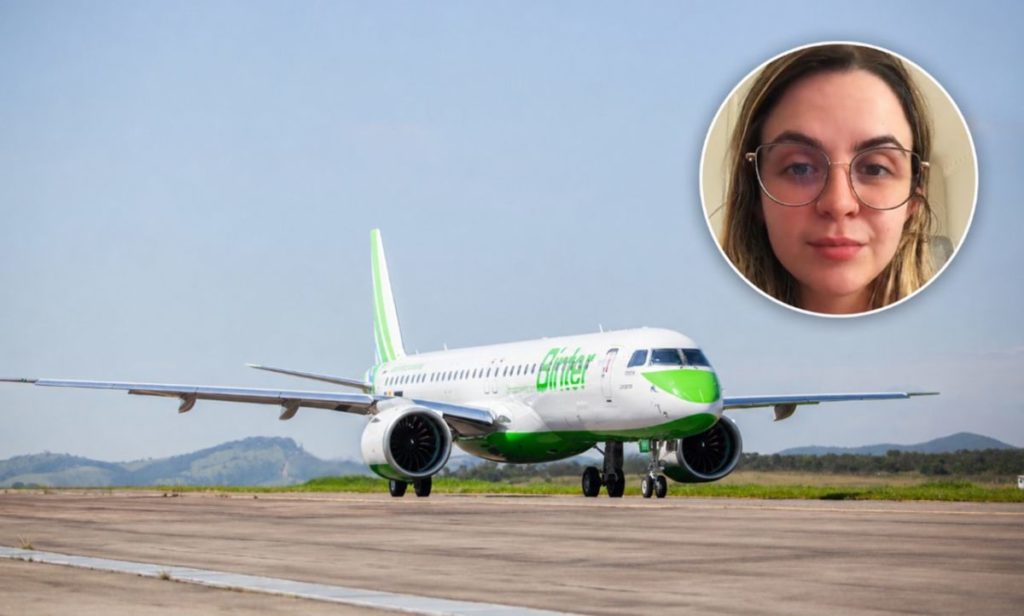 Un avión de Binter, junto a una imagen de la pasajera que relató en TikTok el inesperado gesto de la aerolínea tras su vuelo entre Tenerife y Madrid.