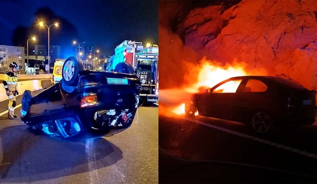 Noche complicada en las carreteras de Tenerife: un vuelco y un coche en llamas