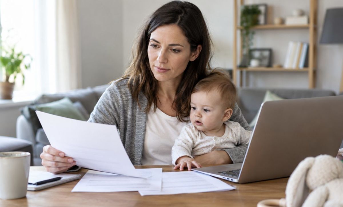 Una madre revisa documentación junto a su bebé en casa, una imagen que ilustra las dificultades para mantener la cotización durante la crianza de los hijos. | DA