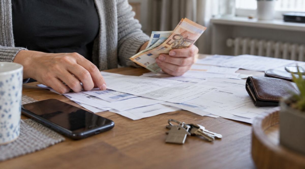 Mujer revisa documentos bancarios y billetes de euro junto a unas llaves de vivienda