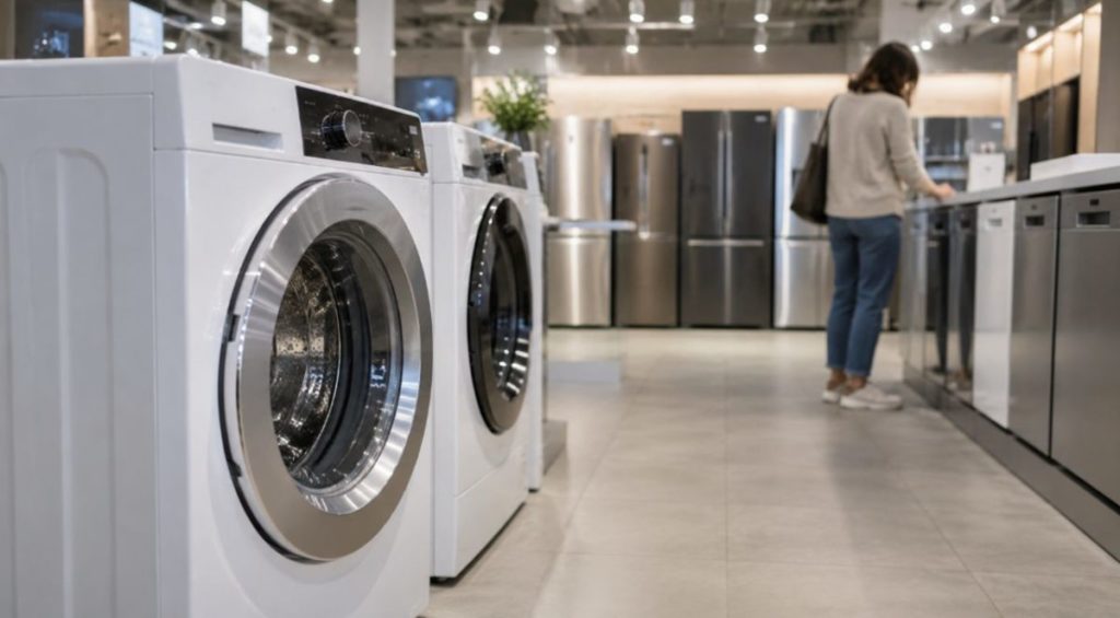 Tienda de electrodomésticos con lavadoras, frigoríficos y lavavajillas